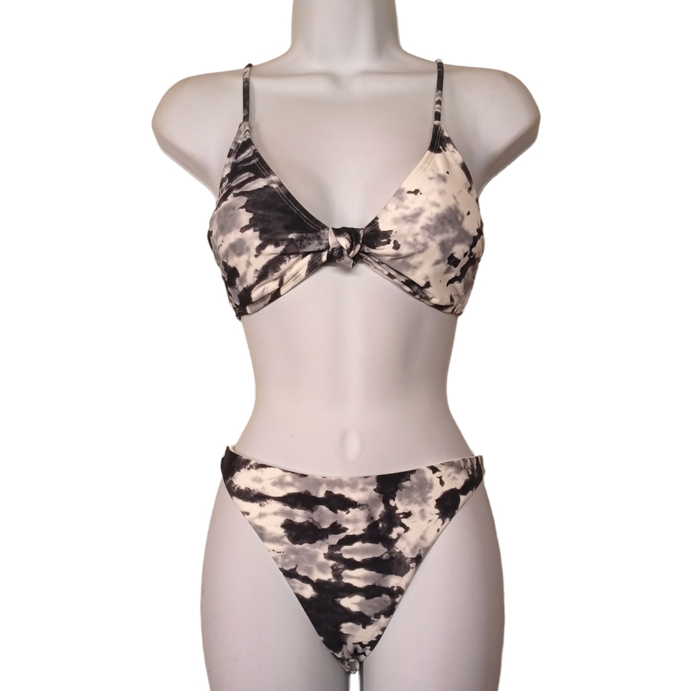 ZUMIEZ TRILLIUM Black Gray White Tie Dye Abstract Print Bikini Set Large NWT